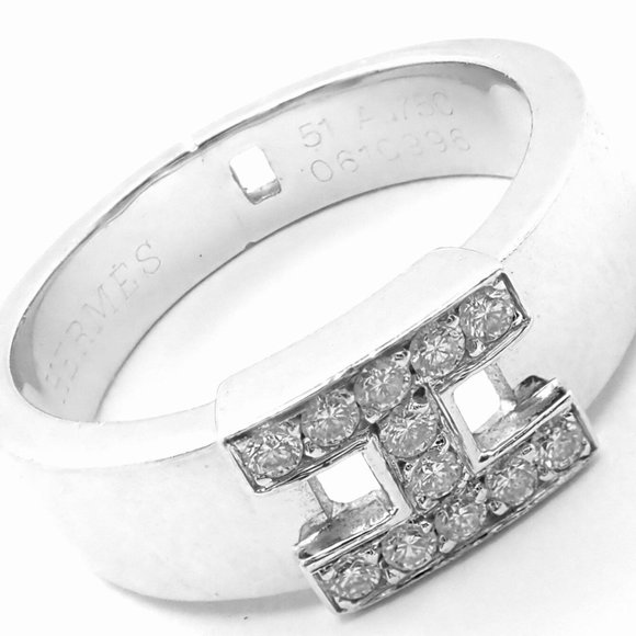 Authentic! Hermes 18k White Gold Diamond H Band Ring - Picture 2 of 8